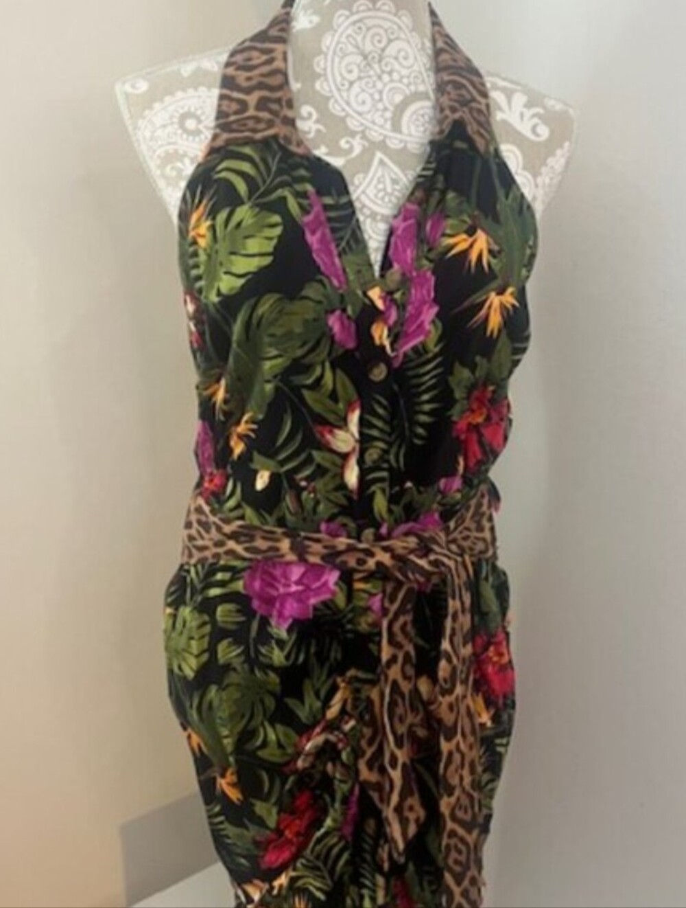 Floral Halter Dress with Leopard Tie
